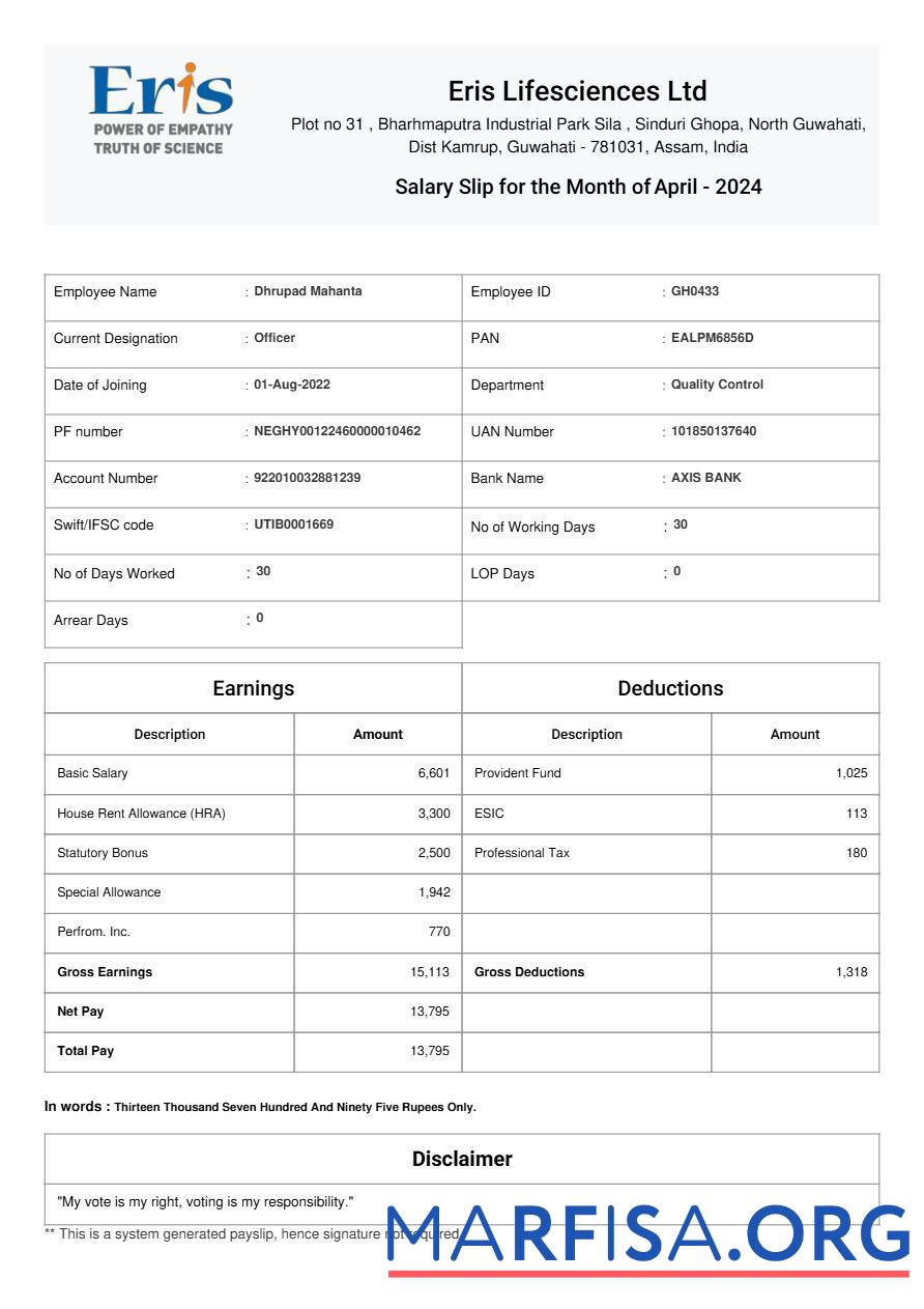 Downloadable Eris Lifesciences salary slip real example